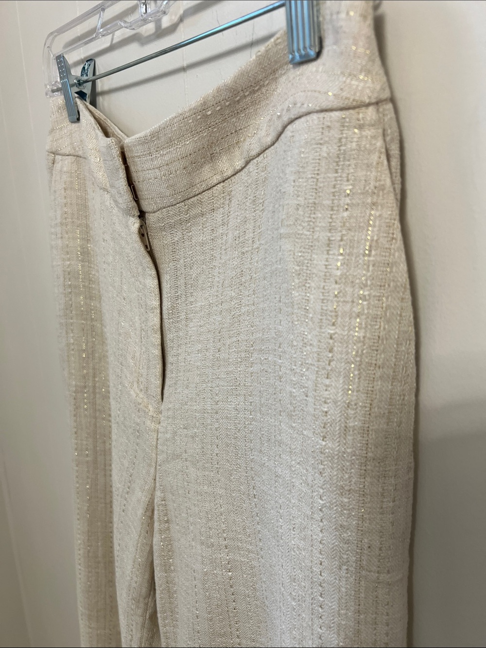Donna Karan Wide Leg Linen Blend Cream Gold Metallic Pinstripe Trousers Pants 4